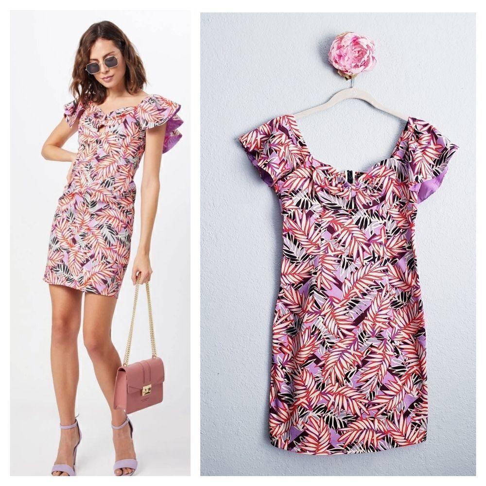 Guess Clara Tropical Palm Printed Ruffle Mini Dress